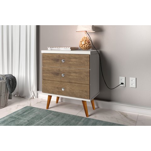Mesa De Cabeceira Retrô Com 3 Gavetas E Pés Palito – J&A MÓVEIS:Off White/Jequitiba