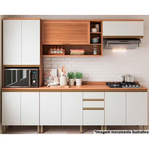Cozinha Completa Thela Macadâmia (2 Aéreos + 2 Balcões + 1 Paneleiro) 5pçs Freijo/branco -