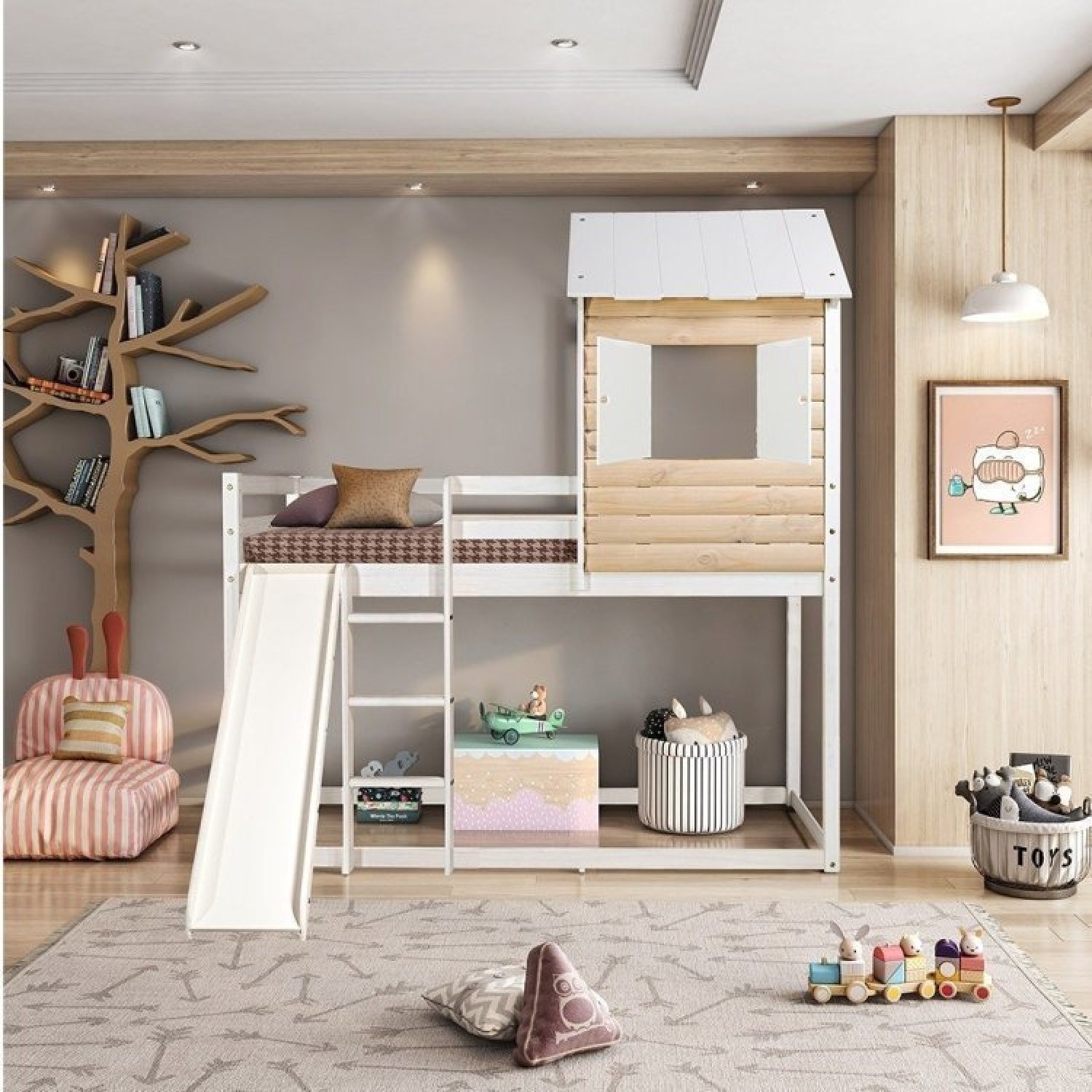 Cama Alta Infantil Club House Wood com Escorregador Casatema