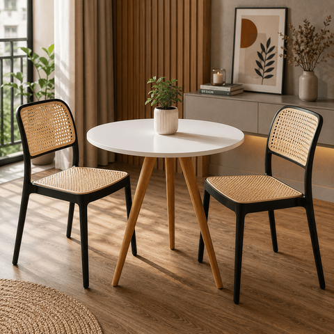 Conjunto Mesa de Jantar Redonda 70cm com 2 Cadeiras Mônaco Rattan - Preto e Nude