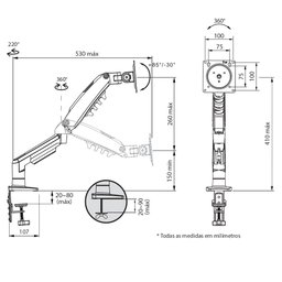Suporte Articulado de Mesa, Elg, F80w, para Monitor de 17" a 35", Pistão a Gás, Giro 360°, Branco - 4