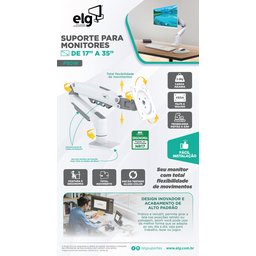 Suporte Articulado de Mesa, Elg, F80w, para Monitor de 17" a 35", Pistão a Gás, Giro 360°, Branco - 8