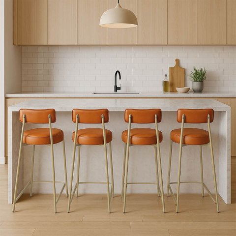 Banqueta Cozinha Alta com Encosto Industrial Champanhe Kit 4 Londres Pu D03 - D'Rossi