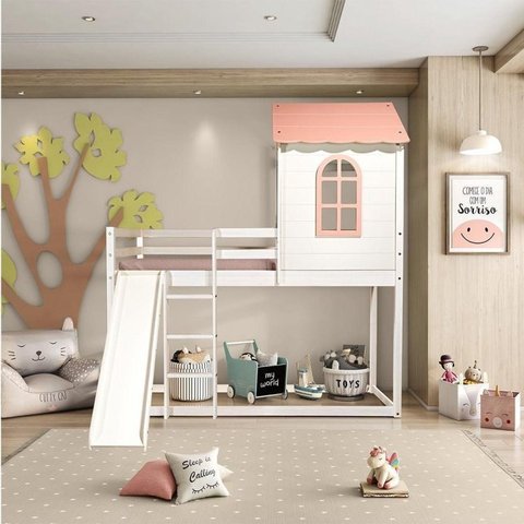 Cama Alta Infantil Club House Sweet com Escorregador Casatema MadeiraOriginals