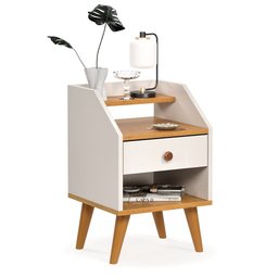 Mesa de Cabeceira Dakota com 1 Gaveta, Nicho e Prateleira - Off White com Freijó - 5