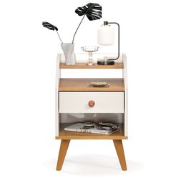 Mesa de Cabeceira Dakota com 1 Gaveta, Nicho e Prateleira - Off White com Freijó - 4