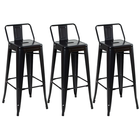 Kit 3 Banquetas Altas Industriais Pretas em Aço 76cm com Encosto – Estilo Tolix
