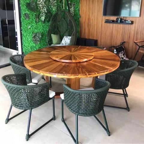 Conjunto de Mesa em Corda Náutica Jasmin - 6 Cadeiras com Mesa de Tampo Giratório - Tecido Duna Cru