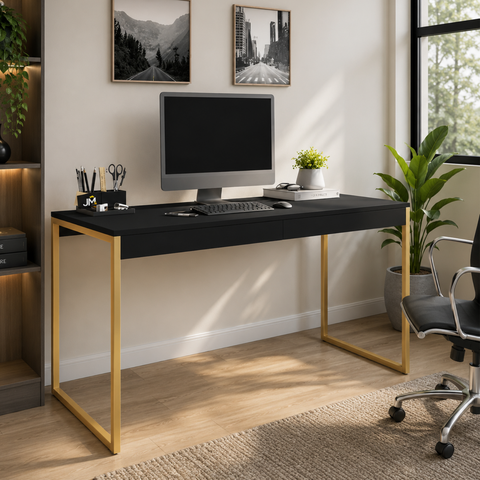 Mesa para Escritório Industrial Diretor 90 cm - Preto/Dourado