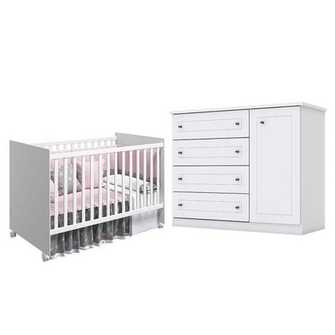 Berço Nacional Mel Branco Acetinado - Reller e Cômoda Infantil Americano Branco Hp - Henn