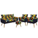 Ver imagem 1 de Kit Poltrona Namoradeira e 2 Poltronas Opala com Puff Solar Suede Estampado Colorido com Azul Marinh
