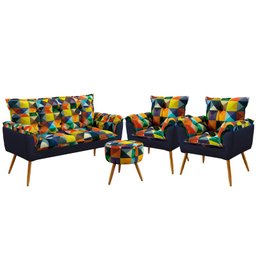 Kit Poltrona Namoradeira e 2 Poltronas Opala com Puff Solar Suede Estampado Colorido com Azul Marinh - 1 Kit Poltrona Namoradeira e 2 Poltronas Opala com Puff Solar Suede Estampado Colorido com Azul Marinh - 1