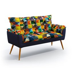 Kit Poltrona Namoradeira e 2 Poltronas Opala com Puff Solar Suede Estampado Colorido com Azul Marinh - 2 Kit Poltrona Namoradeira e 2 Poltronas Opala com Puff Solar Suede Estampado Colorido com Azul Marinh - 2