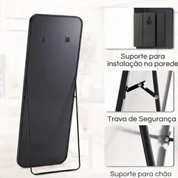 Espelho Grande Corpo Inteiro Suporte de Chão/parede Retangular C/ Moldura em Alumínio Preto 170x70 - 5 Espelho Grande Corpo Inteiro Suporte de Chão/parede Retangular C/ Moldura em Alumínio Preto 170x70 - 5