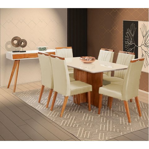 Mesa de jantar + 6 cadeiras Milão tampo Atenas 180 cm Bege