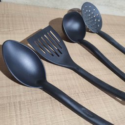 Conjunto 4 Utensílios de Cozinha Plástico Preto Colher Concha Escumadeira Espátula - 2