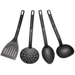 Conjunto 4 Utensílios de Cozinha Plástico Preto Colher Concha Escumadeira Espátula - 1