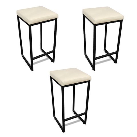Banqueta Alta para Cozinha Industrial Kit 3 Nick Preto e Sintético bege D03 - D’Rossi