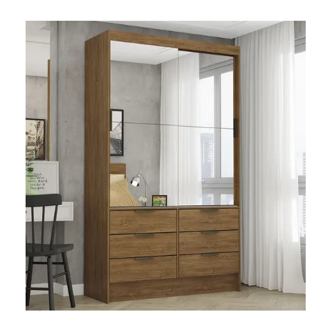 Guarda Roupa Solteiro com Espelho 2 Portas de Correr 6 Gavetas 108cm Premium Sevilha Cinamomo - Carioca Móveis