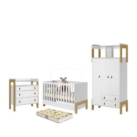 Dormitório Infantil Fantasia Guarda Roupa Cômoda e Berço com Colchão - Qmovi