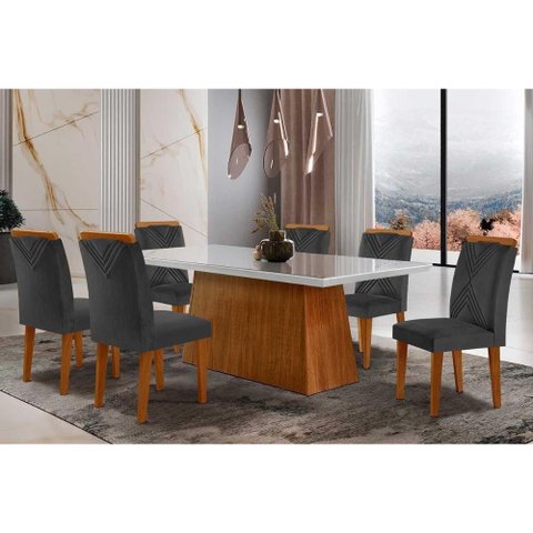 Sala de Jantar Completa Luna Tampo Madeirado C/ Vidro Reto 180x90 e 6 Cadeiras Amsterdã Imbuia -