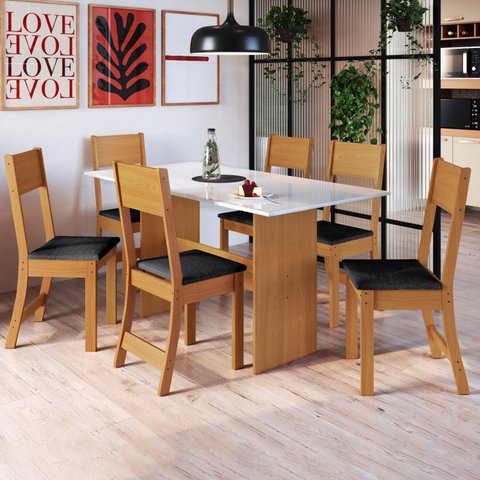 Conjunto Sala de Jantar 1 Mesa 6 Cadeiras Viena Amarelo/Freijó/Off White/Preto