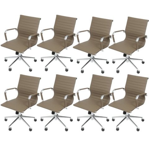 Kit 8 Cadeiras Escritório Diretor Esteirinha Rodízio Relax Corino 3301 Bege/Fendi