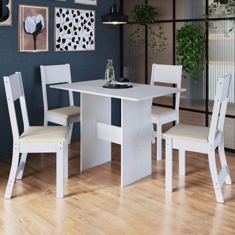 Conjunto Sala de Jantar 1 Mesa 4 Cadeiras Viena Branco/Linho