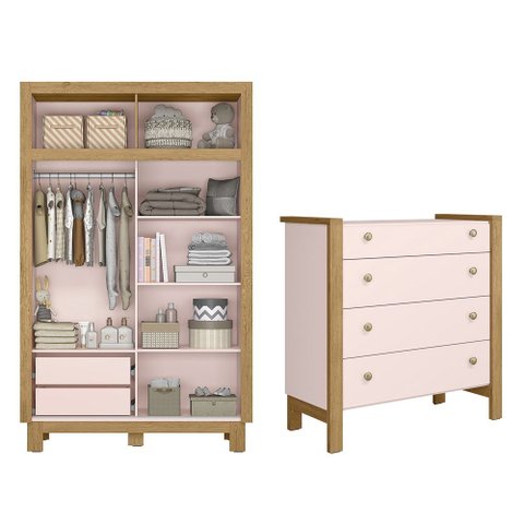 Quarto de Bebê Completo Flora com Berço Cômoda e Roupeiro 5085 Rosa Qmovi + Colchão Gazin