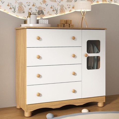 Cômoda Infantil 95cm 1 Porta com Vidro e 4 Gavetas Luna Multimóveis Mp4414 Madeirado/branco