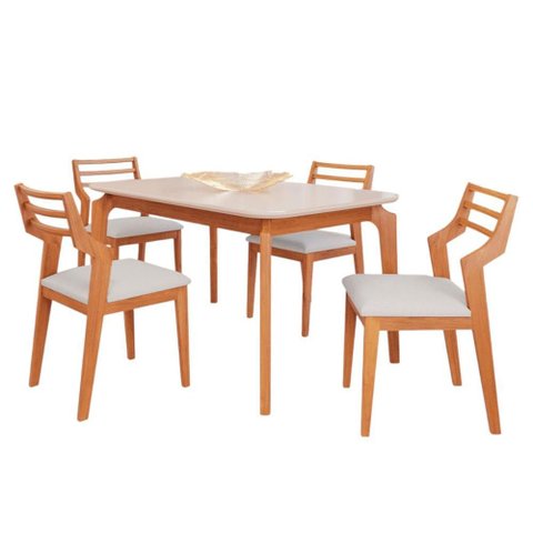Conjunto Sala de Jantar Ficus 1,30 com 4 Cadeiras Damasco Madeira e Estilo Madeira/off White/linho