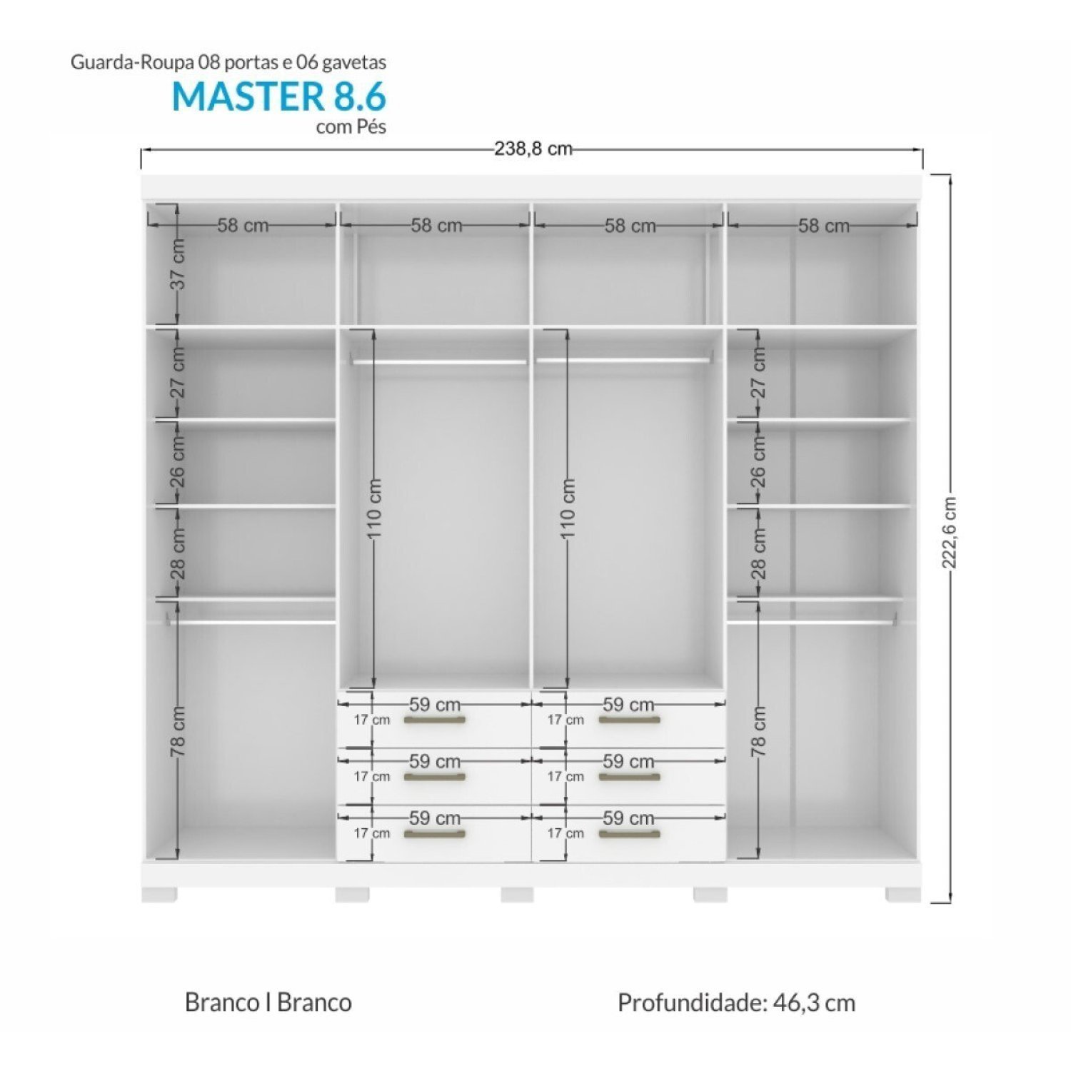 Guarda Roupa Casal 8 Portas 6 Gavetas Master com Espelho e Pés - 5