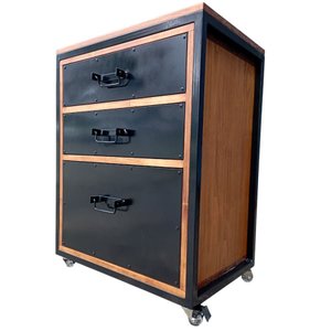 Gaveteiro de Madeira e Ferro Modelo Industrial com 3 Gavetas - Preto e Castanheira