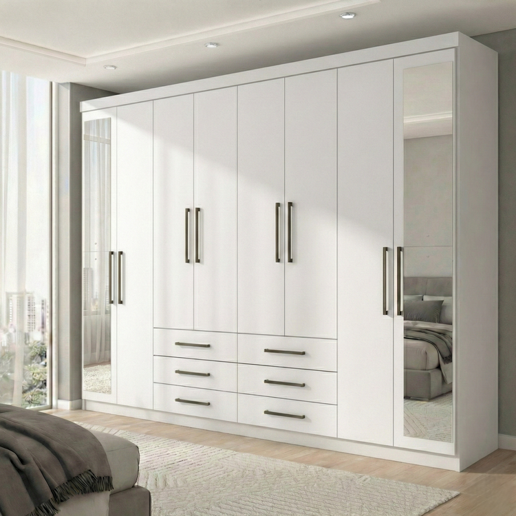 Guarda Roupa Casal com Espelhos 8 Portas e 6 Gavetas Master Branco