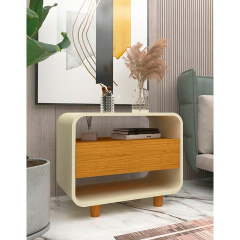Mesa de Cabeceira Apoio Criado Modular Niara Pés Madeira Cor:Off-White/Madeira