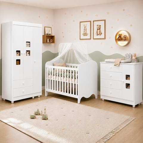 Quarto de Bebê Completo Berço 100% MDF com Guarda-Roupa 3 Portas Nuvem Branco