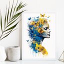 Ver imagem 2 de Quadro Decorativo Mulher Borboletas Azul e Amarelo 24x18cm:madeira Preta