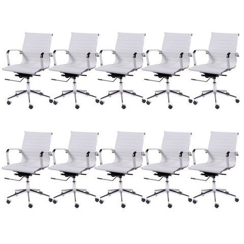 Kit 10 Cadeiras Escritório Diretor Esteirinha Rodízio Relax Corino 3301 Branco