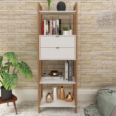 Estante de Livros 65CMX184,7cm 2 Gavetas em Cima Haia Yescasa Branco/Amêndoa