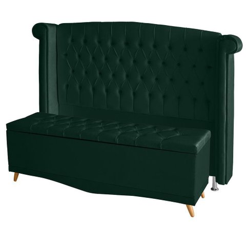 Kit de Quarto Cabeceira de Cama Box e Calçadeira Baú Toquio Casal 140cm Suede Verde