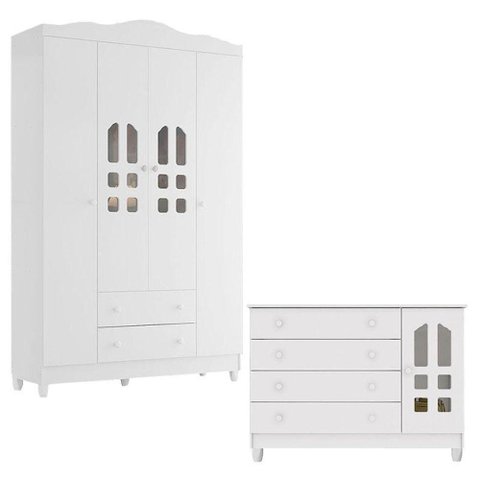 Cômoda Selena e Guarda Roupa Infantil New Selena 4 Portas Branco Brilho