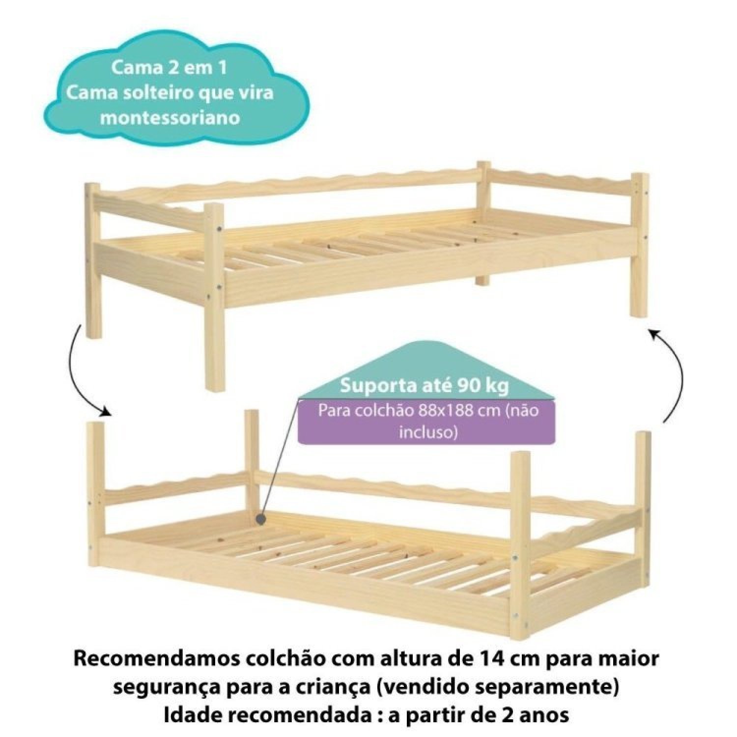 Bicama Solteiro Infantil Reversível com Grade de Proteção Casatema - 2