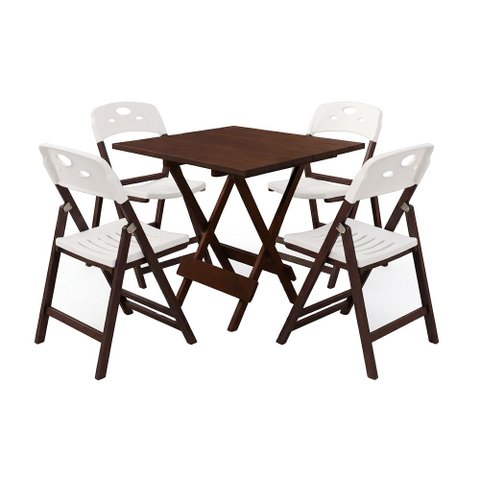 Kit Mesa Dobrável Elegance 70x70 6 Ripas Madeira com 4 Cadeiras Imbuia Polipropileno - Branco