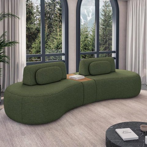 Sofá Sala de Estar Modulado França 325cm com Encosto Articulável Mesa Central e Almofadas Linho Verd