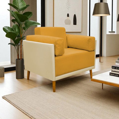 Poltrona Decorativa para Sala Recepção Consultório Isadora Corino Bege e Suede Mostarda