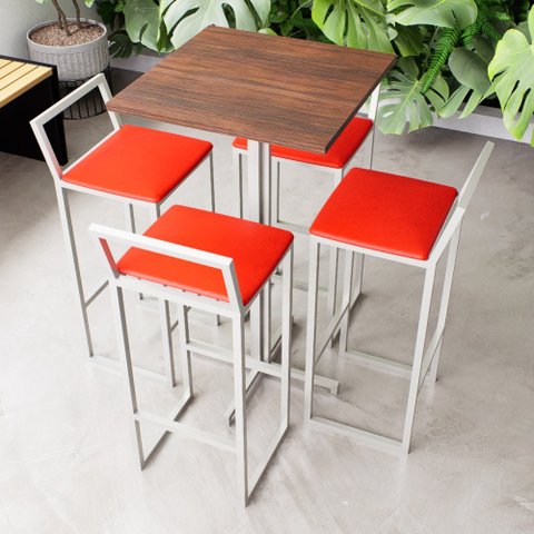 Conjunto Mesa Alta Bar Bistrô Quadrada Imbuia 4 Banquetas Confort Estofado Don Castro