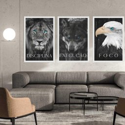 Quadros Decorativos Disciplina Execução Foco Leão C/ Moldura Branca - 2