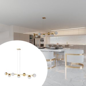 Pendente Lustre de Teto Jabuticaba Alumínio Dourado com 7 Globos Vidros Fosco Decoração Casa