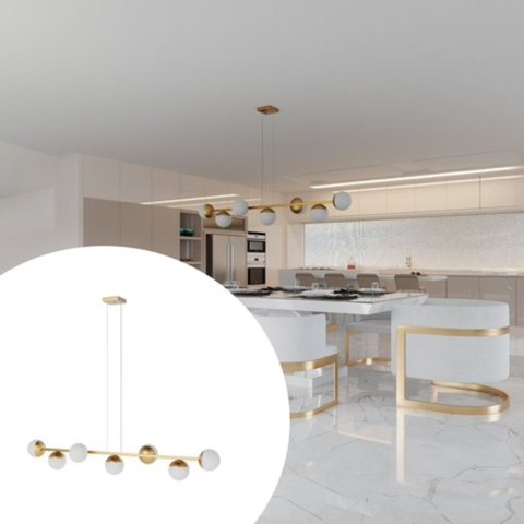 Pendente Lustre de Teto Jabuticaba Alumínio Dourado com 7 Globos Vidros Fosco Decoração Casa
