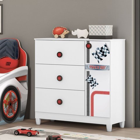 Cômoda Infantil Fast Car 1 Porta 4 Gavetas Branco